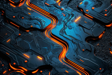 Poster - Dynamic overlapping abstract tech shapes glow in metallic blue and orange on a textured black surface