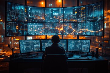 Poster - Man working on computer with multiple monitors, useful for office or technology-related scenes