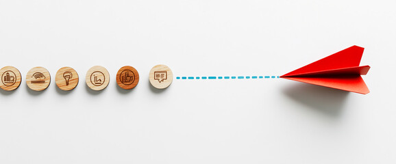 Poster - Concept of digital communication with wooden icons and red paper airplane. Business background