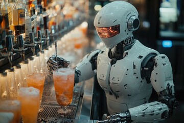 Poster - A robot standing in front of a bar, possibly waiting for service or observing the atmosphere