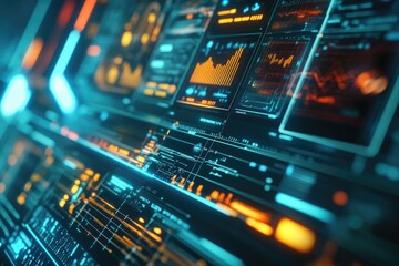 Poster - A close-up of a computer screen filled with lights, suitable for use in technology and digital-themed projects