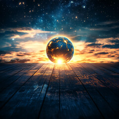 Poster - Globe on wooden table with sunset and stars, symbolizing the earth and global connection
