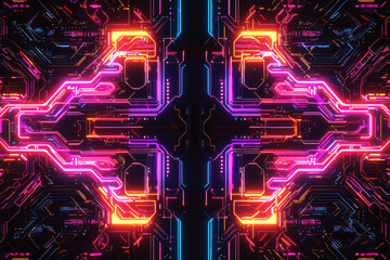 Poster - Futuristic neon circuit pattern in vibrant colors on a black background showcasing advanced technology design