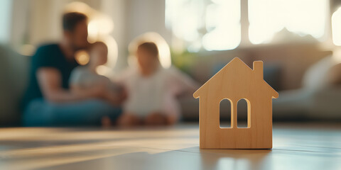 A wooden house model sits in the foreground, with a blurred image of a family in the background, suggesting a sense of home and family.