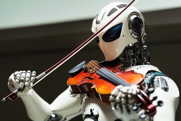 Poster - a robot plays a violin on a stage, entertaining the audience with its music