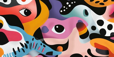 Poster - A colorful abstract painting with many eyes and a smiling face. The painting is full of bright colors and has a playful, whimsical feel to it
