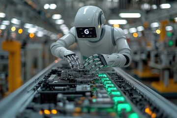 Poster - A robot sitting at a desk with a computer, possibly doing tasks or maintenance
