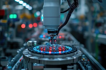 Poster - A machine processing parts, with tools and equipment in the background