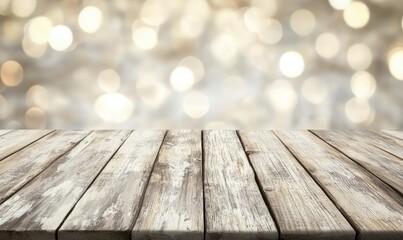 Aufkleber - A weathered wooden table surface against a blurred background of soft golden bokeh lights, evoking a rustic and festive atmosphere. Perfect for product displays, seasonal campaigns