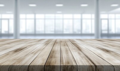Aufkleber - A polished wooden table top set against a blurred modern office background with large windows and soft lighting. Ideal for showcasing products, presentations, or business-related designs