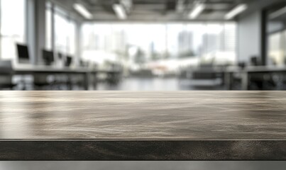 Aufkleber - A dark wooden table set in a bright, modern office environment with a blurred background of desks and large windows. Ideal for professional presentations, office-themed marketing