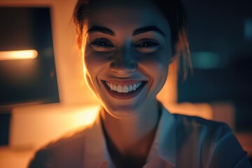 Poster - A woman smiles in front of a computer monitor with a warm and inviting expression