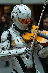 Poster - A person dressed as a robot holding and playing a violin, a creative and imaginative scene