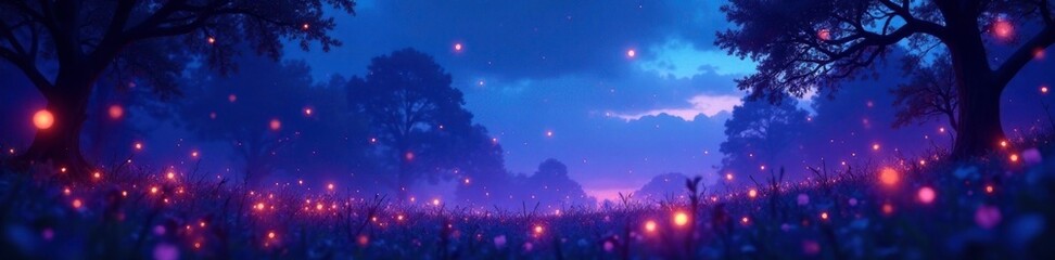 Wall Mural - Glowing fireflies in a blue purple and white gradient, trees, fireflies