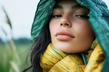 Wall Mural - A woman wearing a bright yellow and green jacket outdoors, possibly hiking or exploring