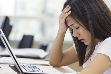 Poster - A woman sits in front of a laptop computer, focused on her work