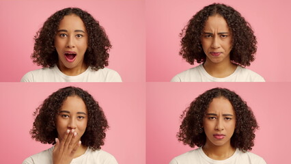 Poster - Four individuals display various emotional gestures against a pink background, showcasing diversity through their facial expressions and body language in a striking collage setting.