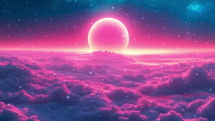 Wall Mural - surreal galaxy and nebula glowing pink moon over vibrant clouds under a starry sky. abstract space b
