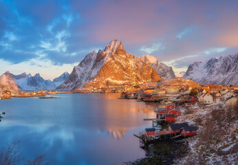 Wall Mural - view on the traditional house in the reine, lofoten islands, norway. nature in fjords. panoramic vie