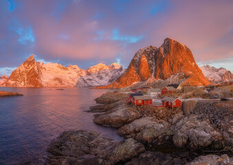 Wall Mural - view on the traditional house in the hamnoy village, lofoten islands, norway. nature in fjords. pano