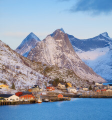 Wall Mural - view on the traditional house in the reine, lofoten islands, norway. nature in fjords. panoramic vie