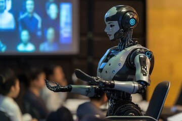 Poster - A robot sits in front of a laptop, focused on its task