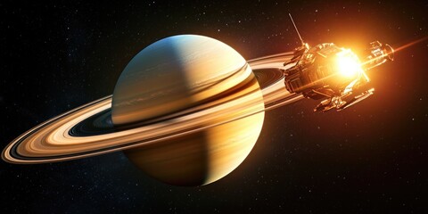 Wall Mural - a space shuttle flies past a planet with saturn visible in the distant background