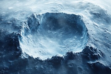 Wall Mural - a large crater dominates a cold, desolate, icy landscape, possibly on a moon or distant planet.