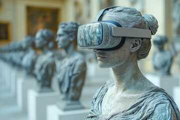 Poster - A person using a virtual reality headset in a quiet moment, suitable for futuristic or technological concepts
