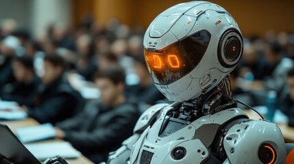 Poster - A robot sitting in front of a laptop, perfect for tech and automation related concepts