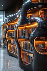 Poster - Cozy study setting with bookshelves and natural light from a large window