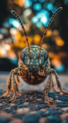 Wall Mural - Captivating macro photograph showcasing the intricate details and vibrant patterns of a beetle insect  The compound eyes antennae
