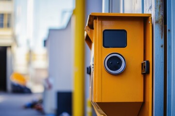 Poster - A close-up shot of a yellow box on the exterior wall of a building, providing details of its color and placement