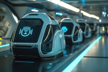 Poster - a group of robots sits on top of a conveyor belt, waiting for their tasks