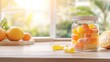 © Y_Malashkevych - A transparent jar showcases colorful multivitamin gummy vitamins resting on a natural wood kitchen counter bathed in sunlight
