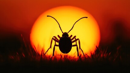 Wall Mural - Silhouetted spider or grasshopper insect against a brilliant fiery sunset sky and natural landscape  Moody atmospheric and dramatic image with a minimalist abstract feel