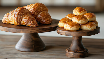 Wall Mural - Freshly baked croissants and soft rolls displayed on wooden stands in a warm, inviting bakery setting