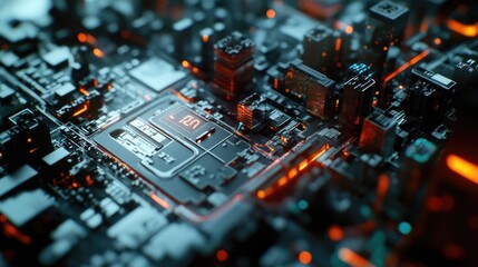 Poster - A close-up of a circuit board with a city skyline in the background, ideal for technology or urban-themed projects