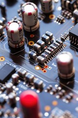 Poster - close-up view of electronic components on a printed circuit board, suitable for use in technology an