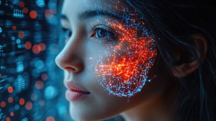 Aufkleber - a woman with a glowing face sitting in front of a computer screen, focused on her work