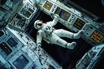Wall Mural - an astronaut floats in a space station, ready for exploration