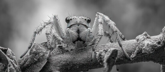 Wall Mural - Closeup of a fearsome hairy spider lurking in the shadows of the forest ready to pounce on its unsuspecting prey