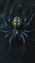 Wall Mural - Fearsome spider with vibrant blue and yellow markings on its carapace and legs lurking in the dark  The image captures the close up detail and texture of this predatory arachnid