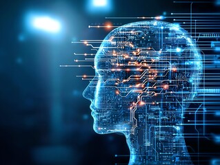 Poster - A digital representation of a human head with circuit patterns symbolizing artificial intelligence and advanced technology. This image conveys innovation and futuristic concepts.