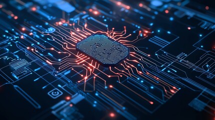 Aufkleber - A close-up view of a modern microprocessor on a circuit board, showcasing intricate connections and glowing circuitry in vibrant red and blue colors, symbolizing advanced technolog