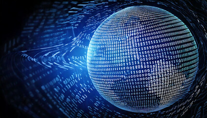 Poster - Abstract digital globe formed from binary code. Futuristic data visualization perfect for technology, AI, global network, or cybersecurity concepts.