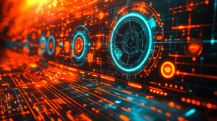 Poster - Abstract futuristic tech background.  Vibrant orange and teal digital interface with glowing HUD elements. Perfect for scifi, technology, and innovation concepts.
