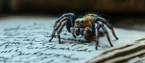 Wall Mural - Captivating macro shot of a mysterious and eerie looking spider its intricate details and compound eyes visible in high definition  This creepy crawly creature is captured in its natural habitat