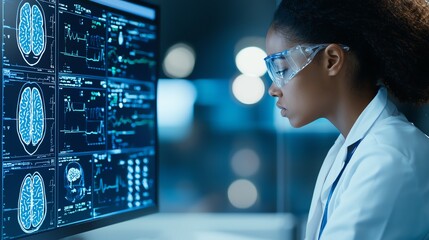 A focused scientist examines complex brain scans on a computer monitor in a modern lab, showcasing dedication to neuroimaging and innovative research in the field of neuroscience.
