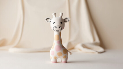 Cute handmade giraffe toy displayed on neutral background with soft lighting